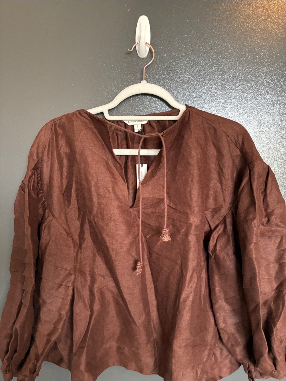 NWT Banana Republic Linen Peasant Blouse Chocolate Brown Sz S - Picture 3 of 7